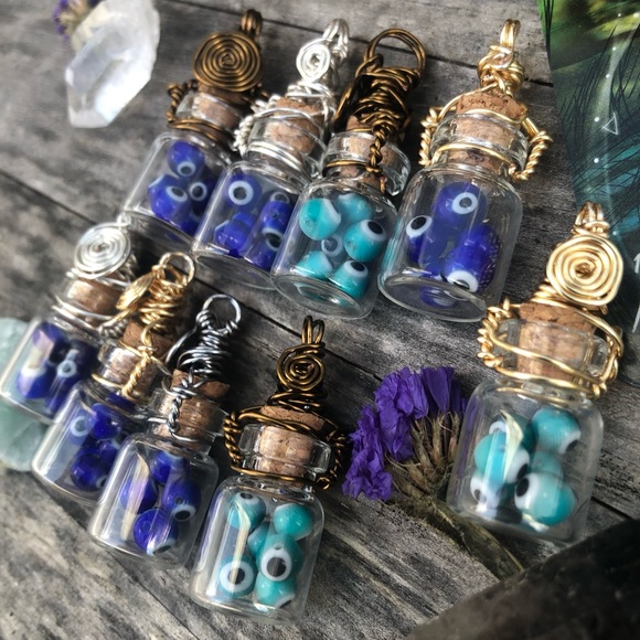 Evil Eye Protection Bottle Necklace Wire Wrapped - Gold Wire - Picture 7 of 12